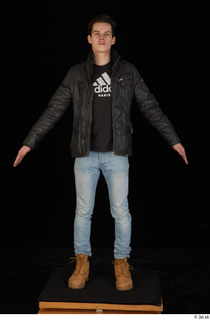  Jamie black leather jacket blue jeans brown workers dressed standing t shirt whole body 0009.jpg